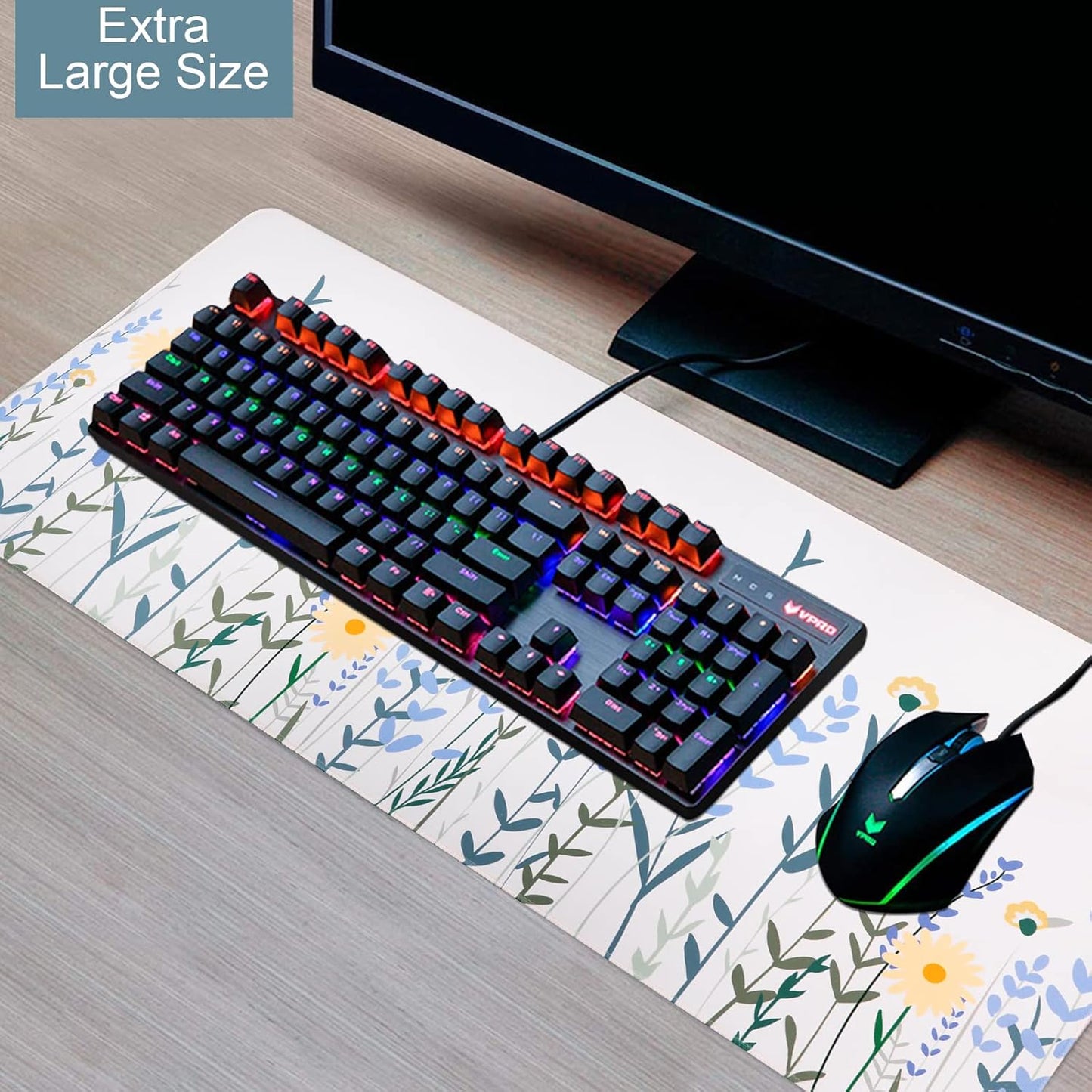 Desk Mat, Gaming Mouse Pad Large, Desk Pad (35.4 X 15.7 Inch), Water-Resistant Mousepad, Keyboard Pad with Stitched Edges, Non-Slip Rubber Base Mousepad for Home Office Decor(White Floral)
