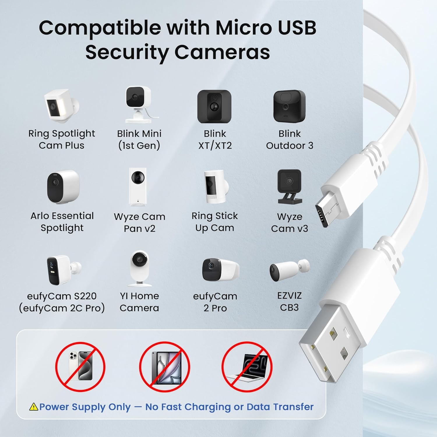 Micro USB Extension Cable 20FT 2Pack,Flat USB to Micro Long Charging Power Extender Cord Wire Replacement for Security Camera,Blink Mini/Xt2/Outdoor 3,Wyze Cam V4/Og,Eufy,Ring Spotlight Plus