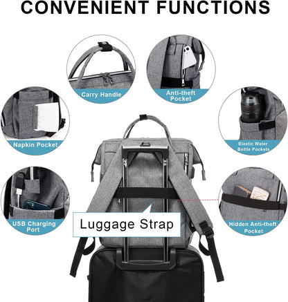 Laptop Backpack Women 17 Inch Travel Casual Daypack College Backpack Teacher Doctor Nurse Work Bags Computer Backpack Purse with USB Port Water Resistant,Grey